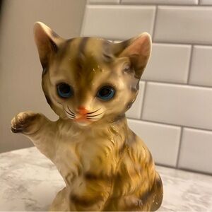 Vintage Blue-Eyed Tabby Kitten Figurine Mid Century Porcelain Norleans Japan